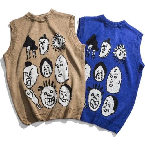 2021 Fashion Japan Harajuku Knit Pattern Vest Men and Women Urban Streetwear Knitted Ukiyo-e Pullover Vest Plus Size