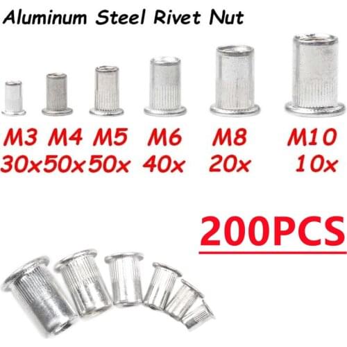 240/200PCS Pcs/set M3 M4 M5 M6 M8 M10 Rivet Nuts Aluminum Flat Head Threaded Insert Nut Rivet Cap Set Threaded Rivets Nut
