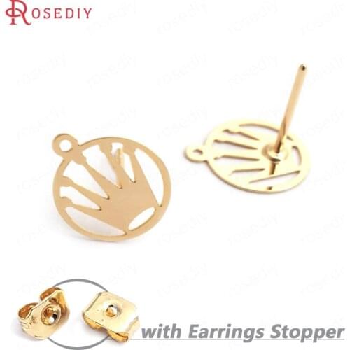 35230)10PCS 10MM 24K Gold Color Brass Hollow Round Crown Stud Earrings High Quality Diy Jewelry Findings Accessories