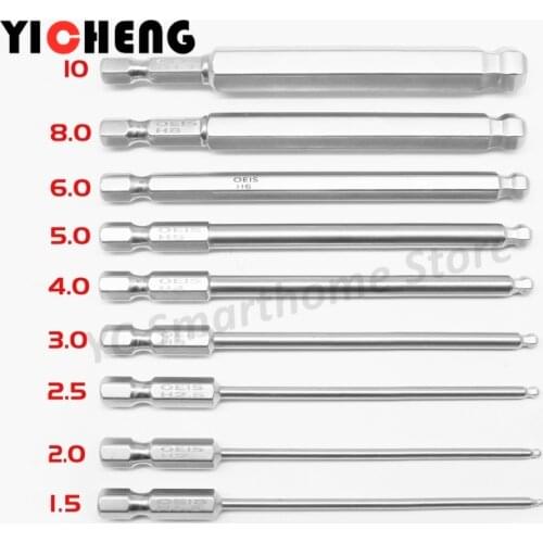 9Pcs S2 Steel Belt Magnetic Electroplating Rust-Proof Ball Head Hexagon Screwdrivers Blades Set Ball Head Hexagon Screwdriver