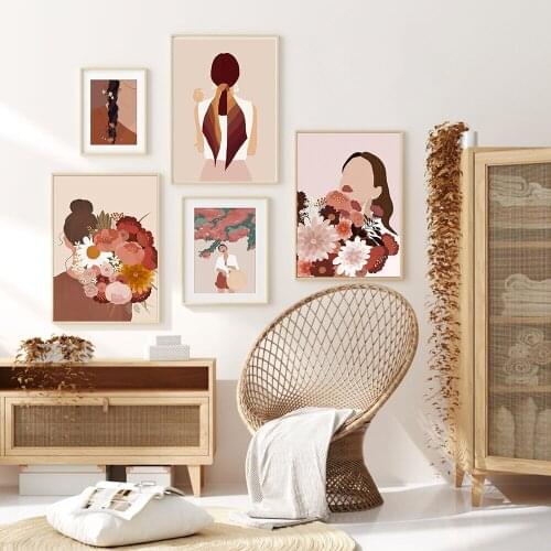 Boho Abstract Girl Flower Art Prints Poster Gallery Wall Art Earth Tone Canvas Painting Nordic Bedroom Livingroom Decor Pictures