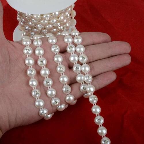 1Y/4Y/10Y10mmWidth Beige Pearl Flower Rhinestones Chain Trims Costume Applique Sewing