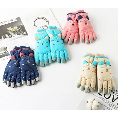 Kids Winter Waterproof Snow Gloves Solid Color Cartoon Ears Thermal Insulated Windproof Sport Snowboard Ski Warm Mittens