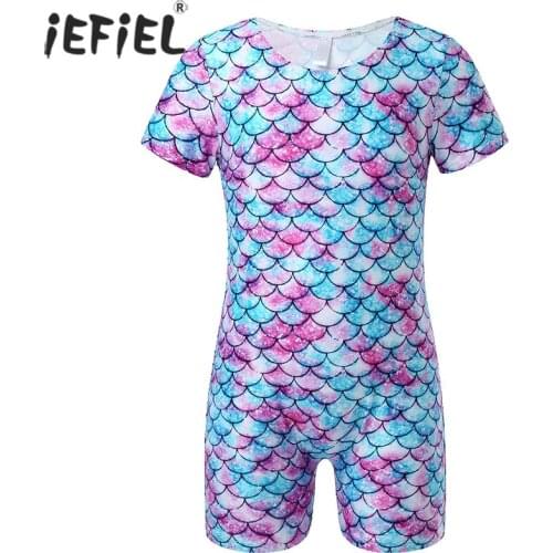 Kids Boys Girls One-piece Short Sleeve Mermaid Bodysuits Fish Scale Leotard Jumpsuits For Running Sport Exercise Beach Playsuits