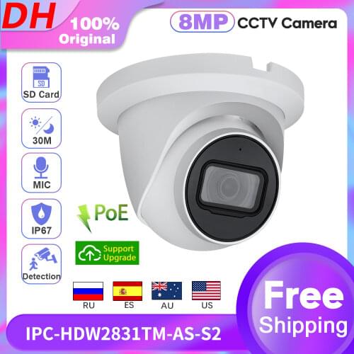 Original Dahua IP Camera 8MP Security Kamera 4K HD IPC-HDW2831TM-AS-S2 Built-in Mic PoE IVS IR30m SD Card Alarm Audio H.265 IP67