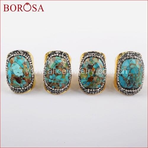BOROSA 5/10PCS Natural Blue Stone Gold Band Rings Druzy Jewelry, Freeform Turquoises Crystal Paved Zircons Gems Rings JAB900