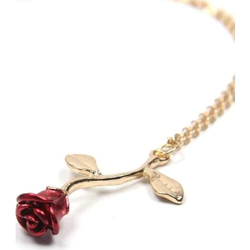 Red Painted Rose Flower Pendant Necklace Female Fashion and Popular Valentines Day Sweet Item