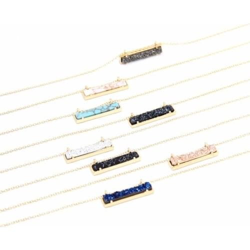 Bar Style Square Geometric Resin Druzy Blue Marble Stone Insert Choker Necklace Pendants