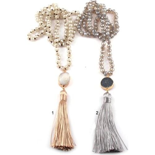 MOODPC Fashion Bohemian Tribal Jewelry Beige Crystal Glass Knottted Druzy Tassel Necklaces Ethnic Necklace