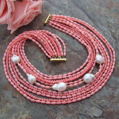 New Pink Coral White Keshi Pearl 18" 11 Strands Necklace