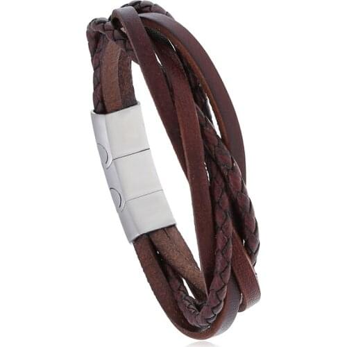 New Stainless Steel Magnetic Buckle Bracelet Hand-woven Retro Cowhide Bracelet Bracelet Cross-border