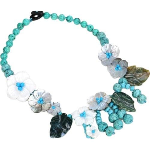 GG Jewelry 20-21" Blue Green Turquoise Shell Flower Green Agate Leaf Necklace