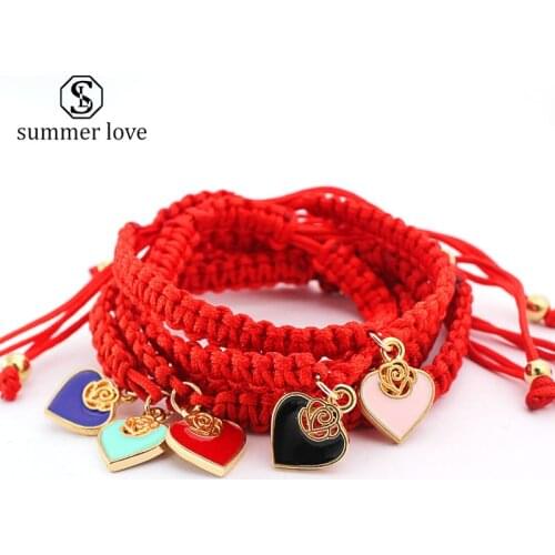 Handmade Braided Lucky Red Rope Bracelet Turkish Thread Jewelry Heart Charm Adjustable Rope String Chain for Women