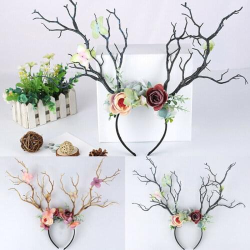 Ladies Gothic Branch Flower Headband Xmas Antler Costume Hairband Photo Props Cosplay Head Dress Christmas