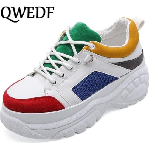 QWEDF Women Casual Shoes Woman Sneakers Platform Wedges High Heels Flats Womens vulcanized shoes Color stitching Increase D5-31
