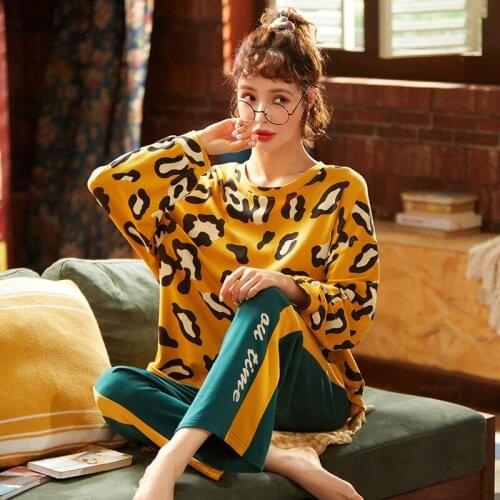 Womens Spring And Autumn Yellow Color Thin Full Sleeve Plus Size Cotton Long Pants Pajamas Set
