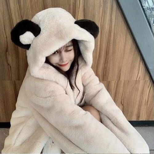 Luck A Women Cute Style Cashmere Coat Girl Teddy Bear Hooded Velvet Jacket For Women Warm Female Winter Warm Kawaii Coat Femme