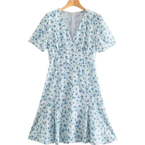 Baldauren 2021 Women Chic Fashion Floral Print Ruffled Mini Dress Vintage Short Sleeve Back Zipper Female Dresses Vestidos Mujer
