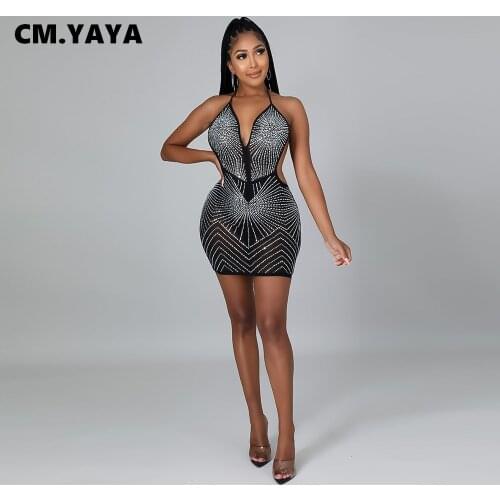 CM.YAYA Women Party Dress Diamonds Sleeveless Bandage Halter Backless Stretchy Bodycon Mini Dresses Sexy Night Vestidos Summer