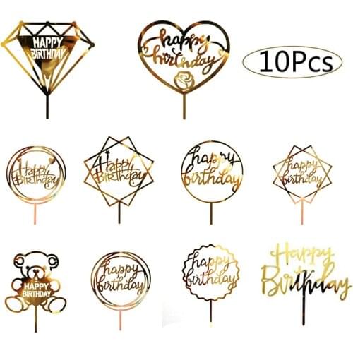 10Pcs/bag Dessert Tamping Party Cake Decorating Tools Gold Acrylic Happy Birthday Cake Topper Kids Favors Party Decorations