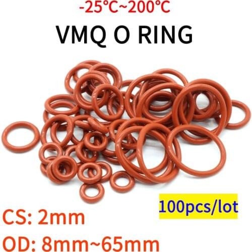 100pcs VMQ O Ring Seal Gasket Thickness CS 2mm OD 8 ~ 65mm Silicone Rubber Insulated Waterproof Washer Round Shape Nontoxi Red