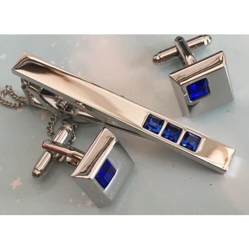 5sets/lot Classic Silver Square Crystal Cufflinks&Tie clip Set Blue/Red Crystal Cuff Links Tie Pin Bar Set Mens Jewelry Gift