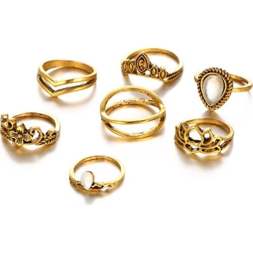 70 pieces/set Ring Sets Antique Gold Silver Color Hollow Flower Crown Cross Midi Finger Knuckle Rings For Women Stone Jewelry