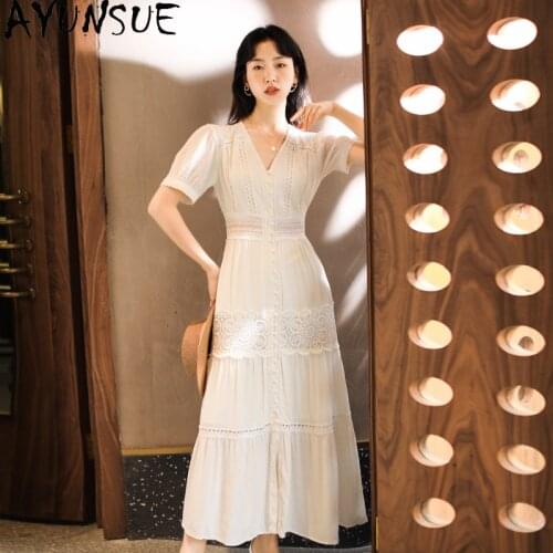 AYUNSUE 2021 Summer Woman Dress V Neck Vintage Dresses for women Short Sleeve Vacation Boho Beach Dress Vestidos Femme Robe