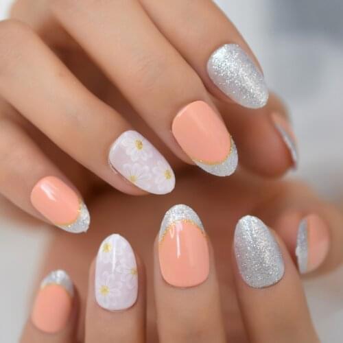 Flowers Decals Fake Short Nails French Tips Press On Oval Almond Artificial Nails Glitter Silver Full Cover Gel Fingernails
