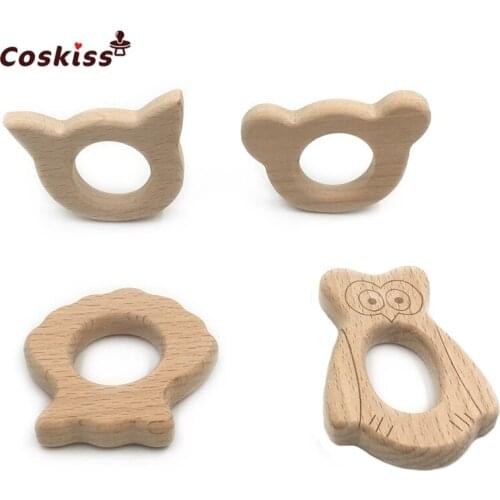 Beech Wooden Eagle-Bear-Cat-Octopus Natural Handmade Wooden Teether DIY Personalized Pendent Eco-Friendly Safe Baby Teether Toy