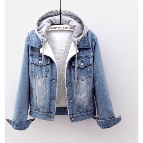Gowyimmes 2019 Winter Korean Version Womens Add Velvet Jeans Coat Short Jacket Slim Hooded Jacket Women Short Paragraph PD555