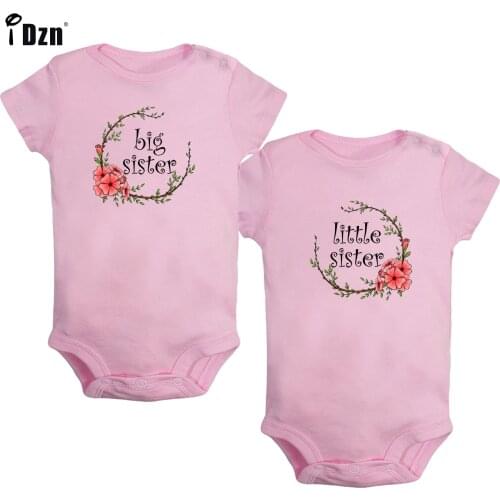 Newborn Cotton Clothing Twins Baby Girls Garland Printed Bodysuit Cute Big Sister Rompers Little Sister Short Sleeve Jumpsuit