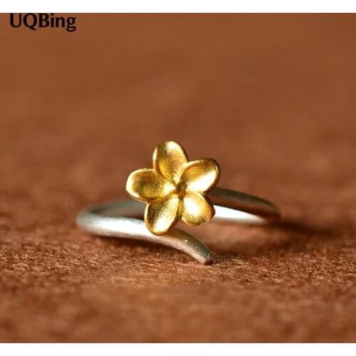 Free Shipping 925 Sterling Silver Ring Gold Color Sakura Flowers Silver Ring Women Jewelry Gift Finger Open Rings Anillo Anel De