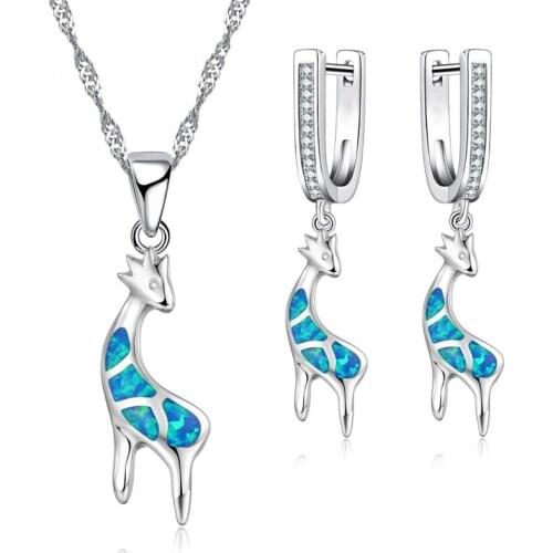 Cute Giraffe Blue Imitation Fire Opal Pendants Necklaces With Earrings Jewelry Set For Women Accessories Wedding Party Girl Gift
