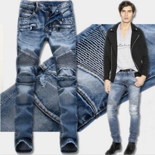 Fashion Locomotive Wrinkle Stretch Jeans 2017 New Multi-pocket Zipper Slim Mens Jeans Trousers