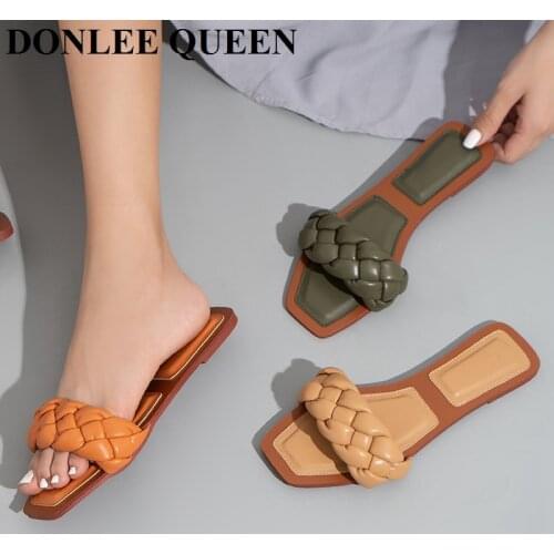 Fashion Weave Slippers Women Slip On Slides Brand Square Toe Flat Sandals Female Flip Flops Outdoor Slipper Big Size 37-42 Mujer