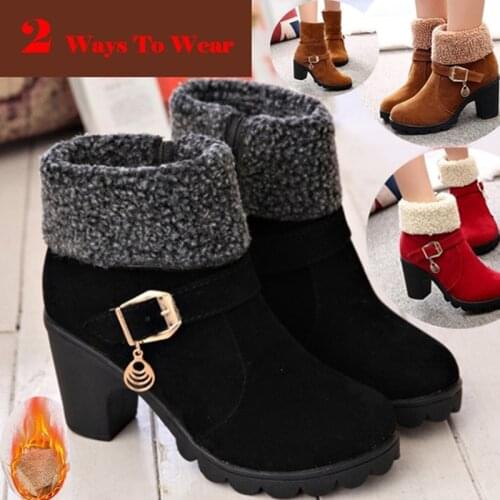 New 2021 Winter High Heel Boots Warm Plush Square Heels Winter Shoes Womens Boots Ladies Fashion Brand Ankle Snow Boots