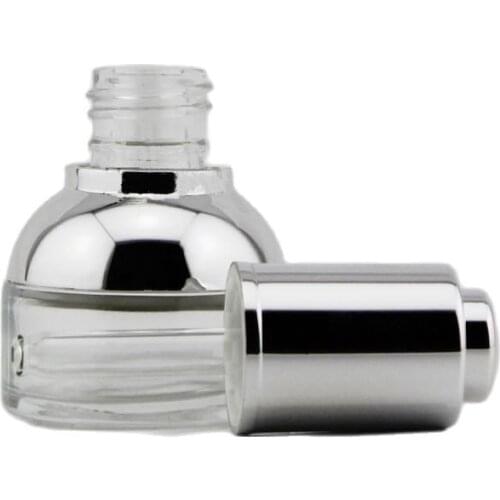 NEW ARRIVAL 30ml transparent glass dropper bottle with silver shoulder and silver press dropper ,white bulb glass bottle