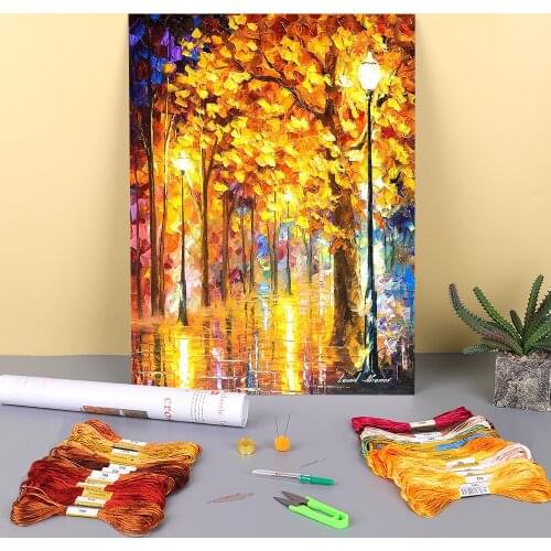 Autumn Trees Printed Water-Soluble Canvas 11CT Cross Stitch Embroidery Complete Kit DMC Threads Painting Handiwork Decor
