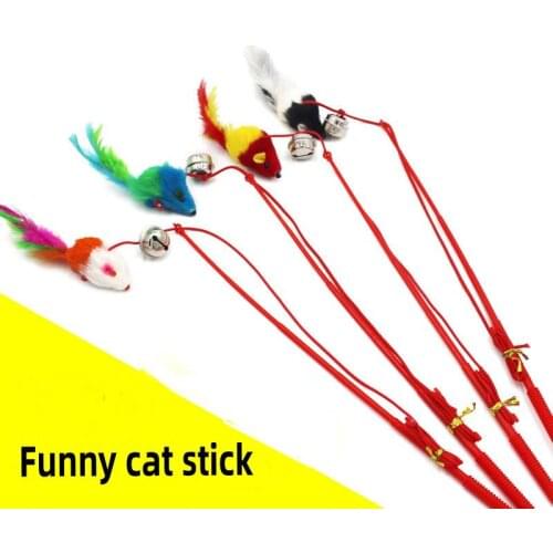 Cat Feather Toys Retractable Pet Wand Toy with Mouse Cat Toy Interative for Indoor Cats Funny Cat Stick with Bell