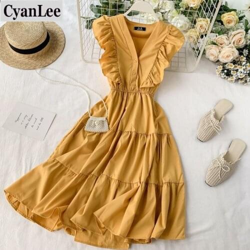 Cyanlee 2020 V Neck Ruffles Button Midi Dress Summer Party Tank Sundress Women Casual High Waist A-Line Beach Holiday Vestido