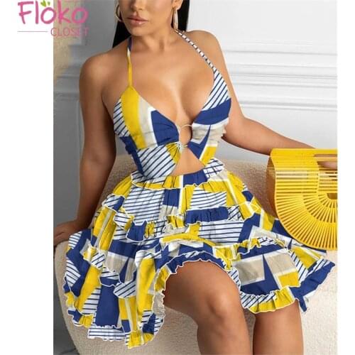 Flokocloset Contrastcolor Striped Sleeveless Beach Dress Sexy Summer Spaghetti Strap Halter Pleated Sundress