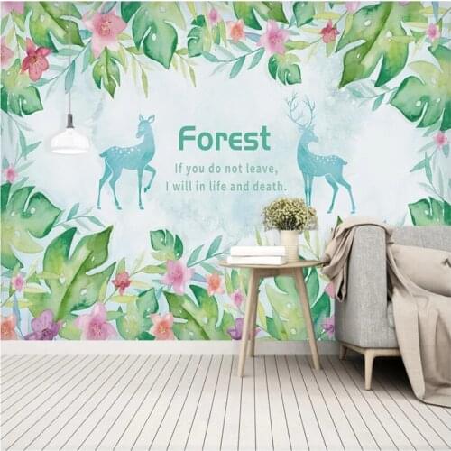 Custom Green Mural Wallpaper 3D Floral Leaves Romantic Couple Elks Watercolor 3D Wall Murals Living Room Bedroom Wall Paper 3D
