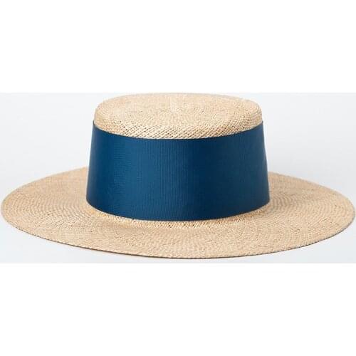 2021 Luxury Design Boho Chic Flat Top Wide Grosgrain Web Bow Summer 100% Natural Bao Straw Boater Sailor Sun Hat