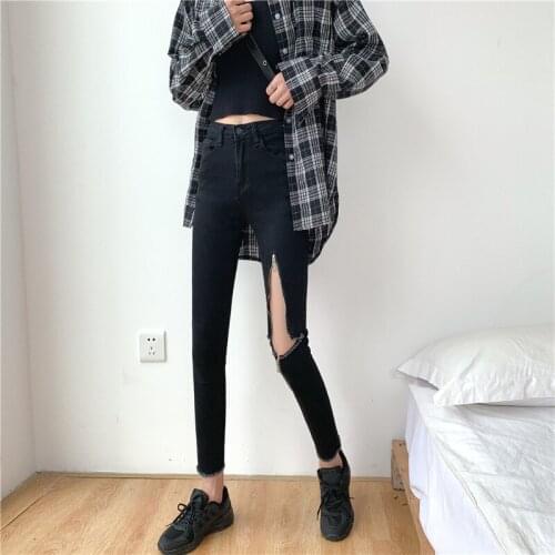Large size 5XL high waist ripped jeans female spring summer Korean knee hole skiiny blackelastic girls leg pants women