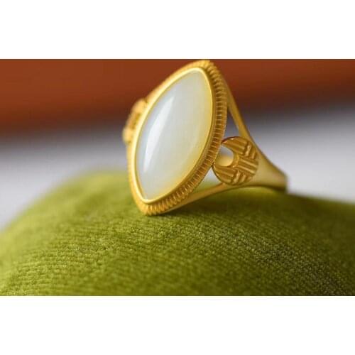 S925 Sterling Silver Ring Natural Hetian Jade White Jade Horse Eye Ring Ancient Gold Inlaid Exquisite Retro Jewelry Gift