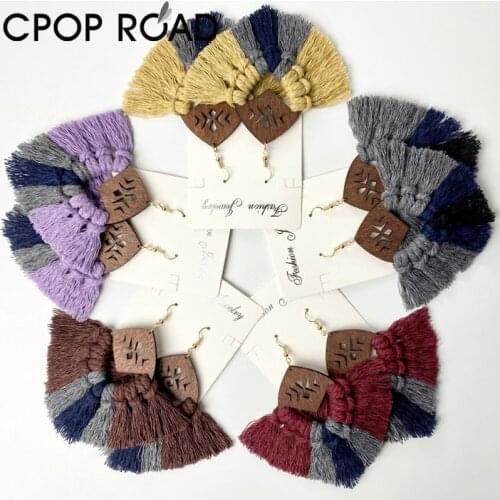 Bohemian Tassel Earrings for Women Ethnic Wood Handmade Cotton Fringed Macrame Earrings Wedding Jewelry Party Gift Accessories