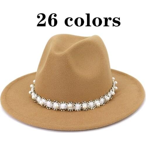 Ladies top hat elegant fashion pearl wide brim woolen jazz hat autumn winter solid color flat brim hat big brim hat wedding hat