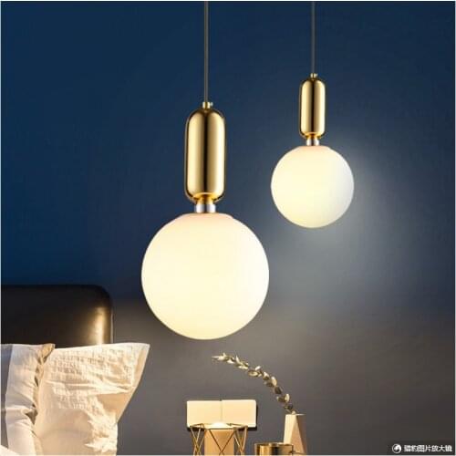 Modern minimalist bedroom bedside chandelier glass creative Nordic light luxury golden single head dining room small chandelier