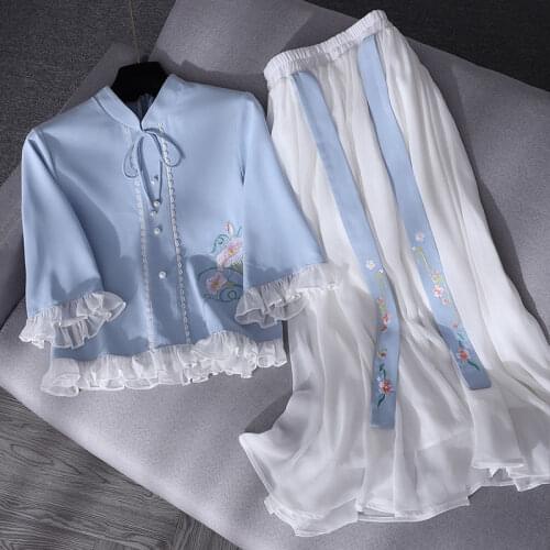College Student School Clothes Chinese Hanfu Clothing For Women Tang Suit Girl Ethnic Style Embroidery Tops Pleated Skirt Party